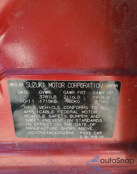 2012 Suzuki Sx4 Le z USA, uszkodzony, nr VIN JS2YC5A38C6302398